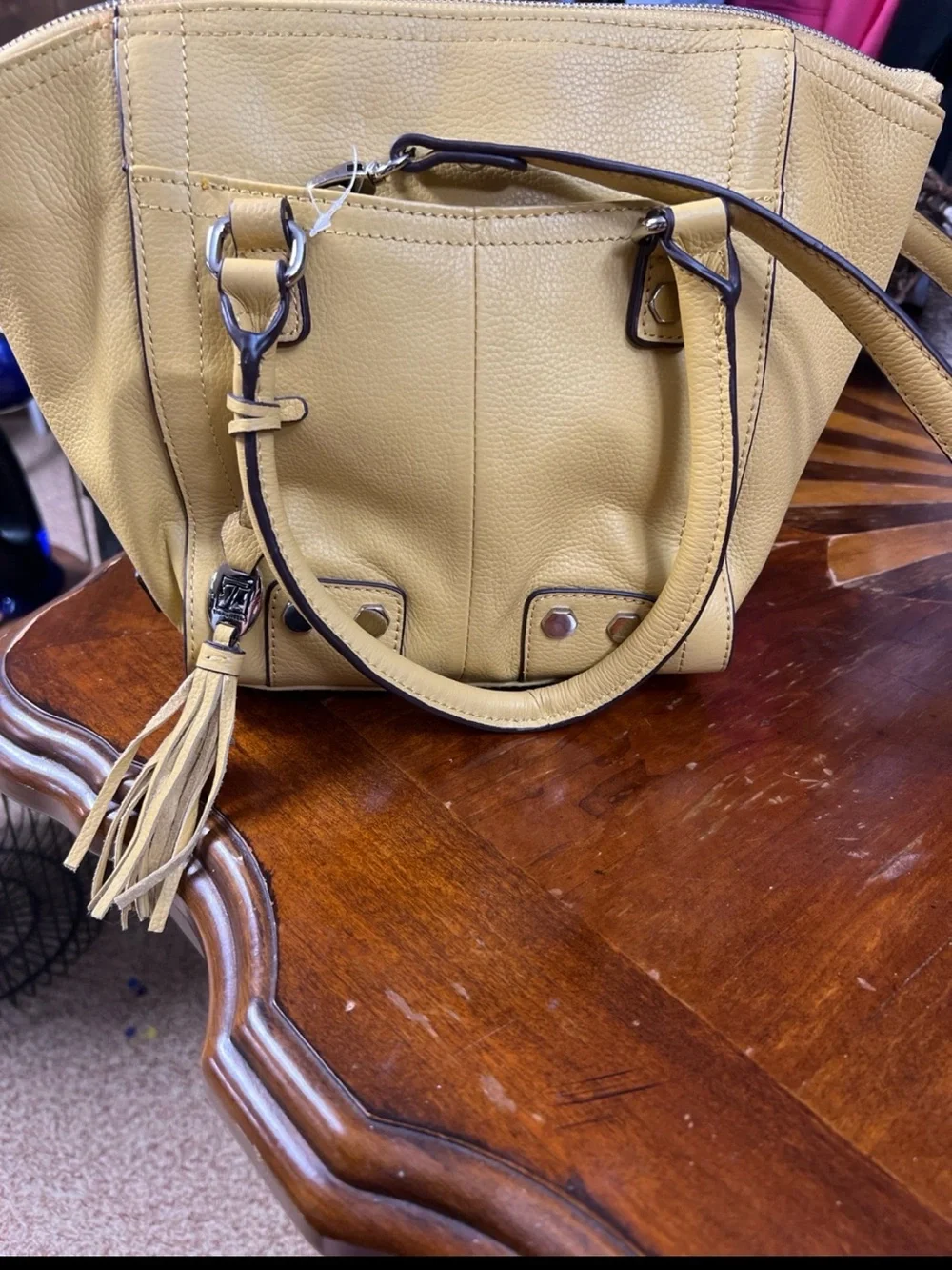 Tignanello Mustard Leather Shoulder Bag with Tassel